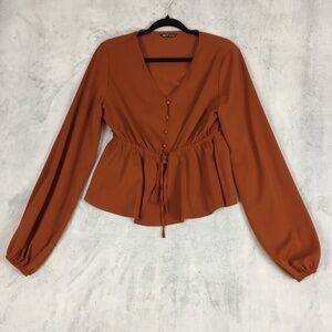 Shein Blouse Top Sz Large Elastic Waist Balloon Sleeves Flare Hem Burnt Orange